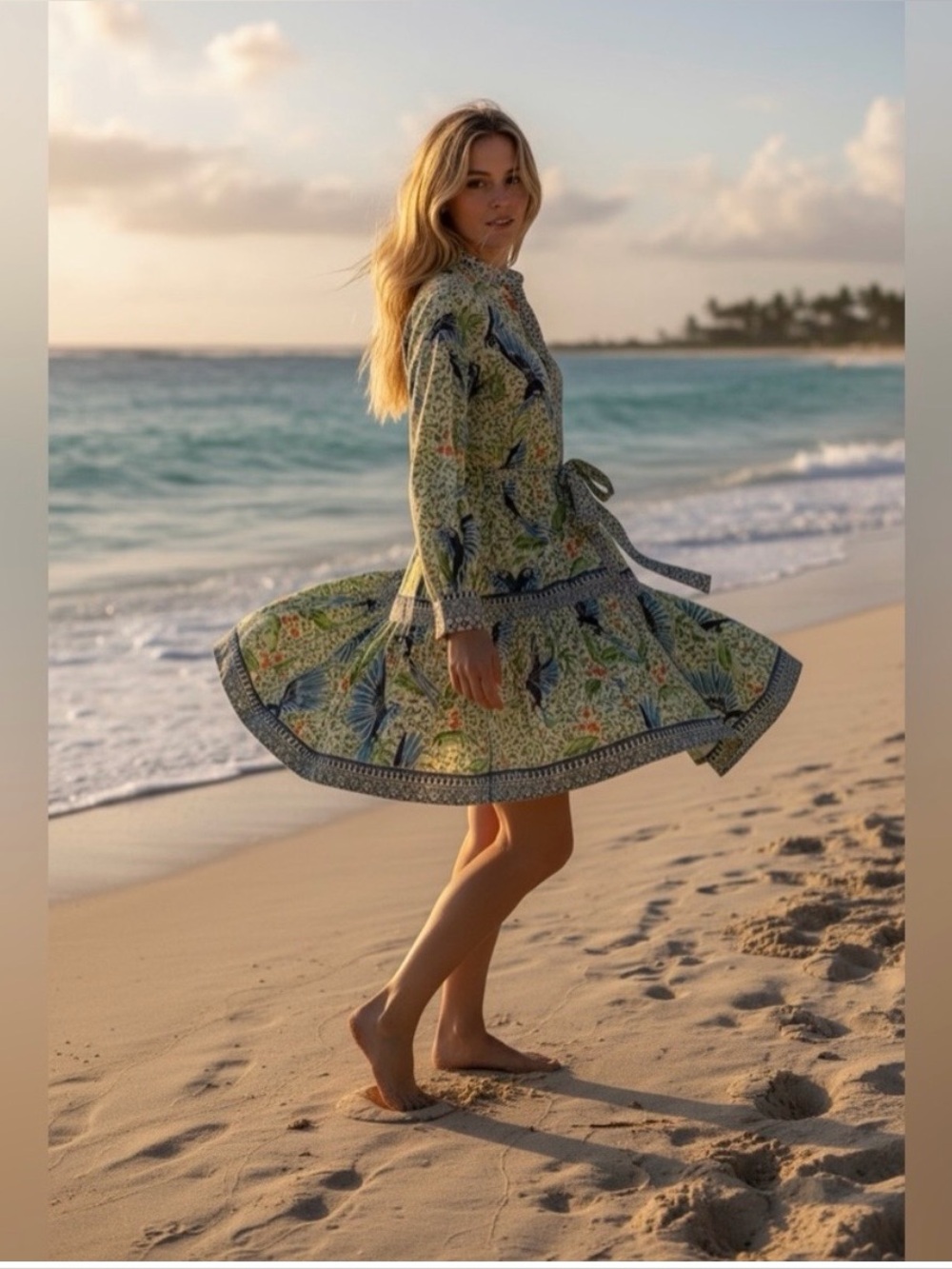 Alex Marie Wren Bird (Tropical Floral) print dress with tie waist, Size 4
